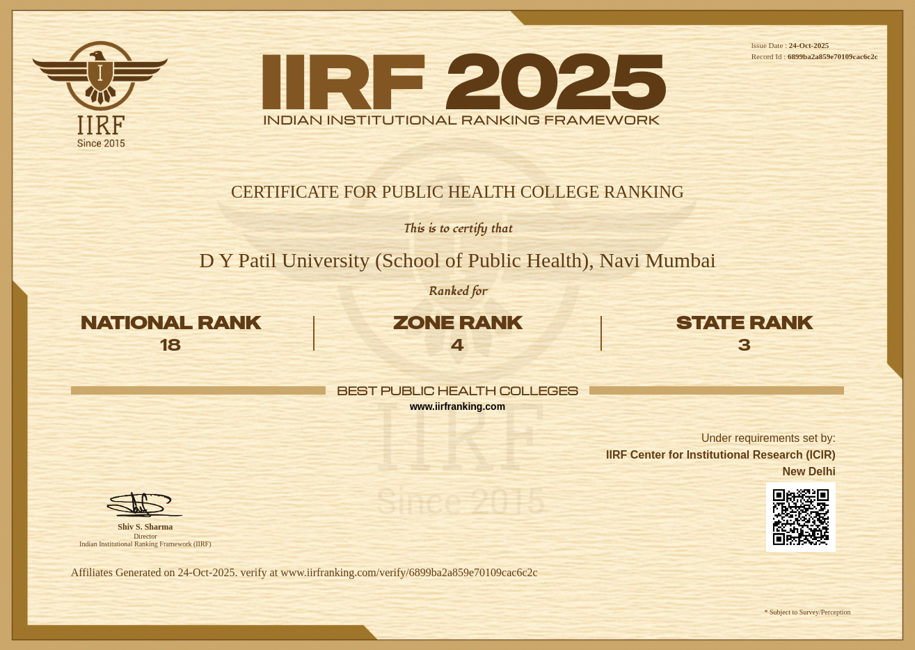 IIRF 2025 Ranking Badge — DY Patil School of Public Health ranked 3rd in Maharashtra and 4th in West Zone